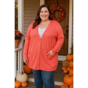 Old Navy‎ Women's 4X Long Lean Cardigan Coral Tropics Sweater Pockets Plus Size